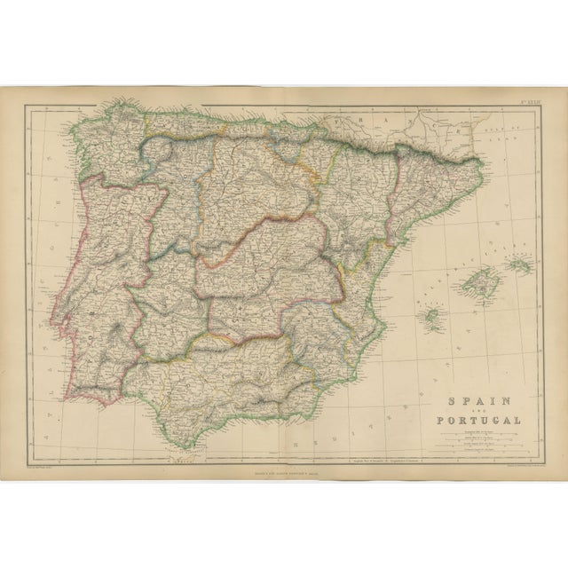 Antique Map of Spain, Portugal and Iberian Peninsula, 1860s For Sale - Image 9 of 9