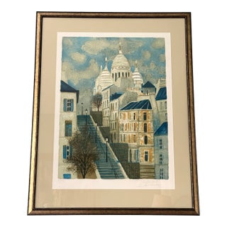 Large Mid 20th Century Signed Yves Ganne Lithograph of Sacré-Coeur in Paris For Sale