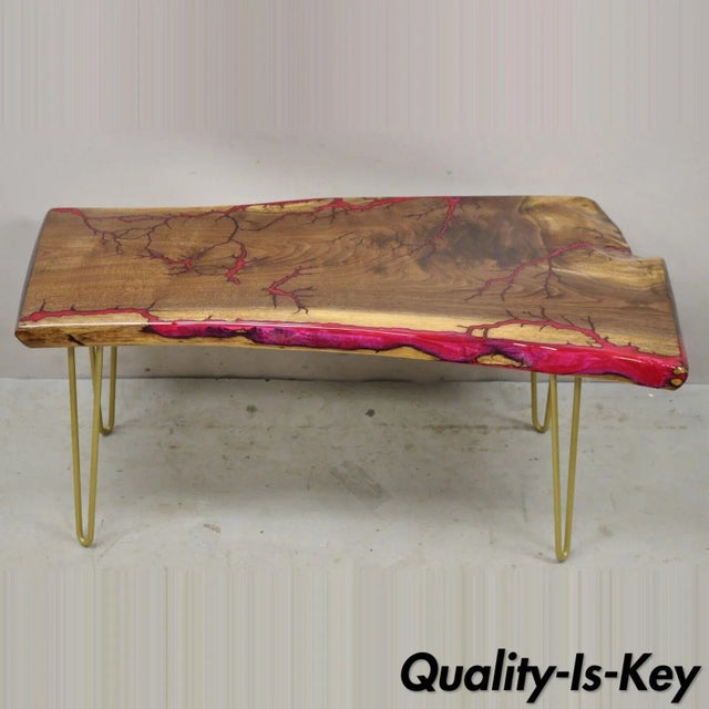 Live Edge Black Walnut Surfboard Coffee Table Red Resin Lacquer Hairpin Legs For Sale - Image 11 of 11