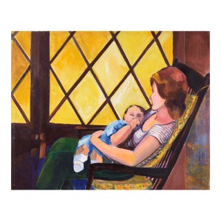 "Madam Suburbia" (Woman and Baby by the Yellow Window) Oil on Canvas by Patricia Gren Hayes For Sale