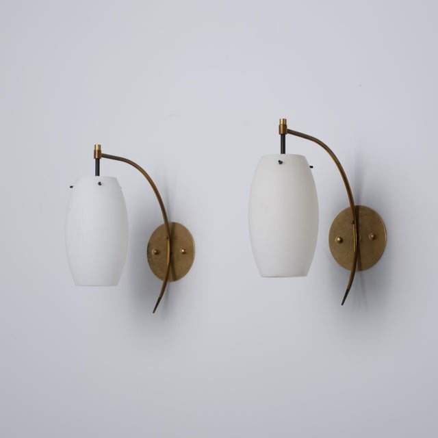 Italian Brass and Opaline Glass Wall Sconces with Arched Arms, 1950s, Set of 2 For Sale - Image 4 of 9