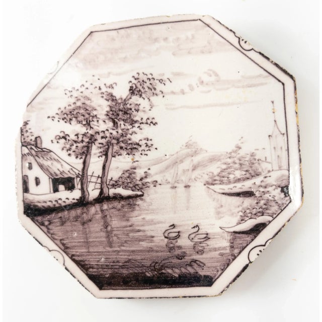 Ceramic 18th Century English Bristol or Dutch Delft Manganese Octagonal Decorative Tile For Sale - Image 7 of 7