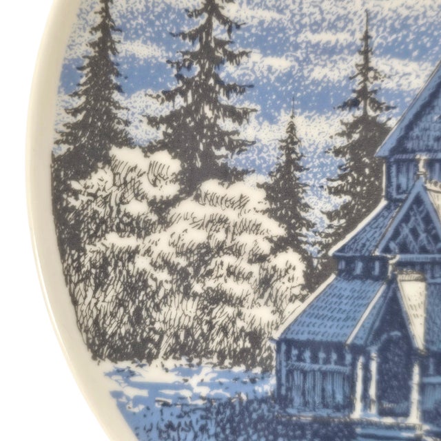 Mid 20th Century Mid-Century Porsgrund Norway Blue Stave Church Porcelain Decorative Plate For Sale - Image 5 of 7