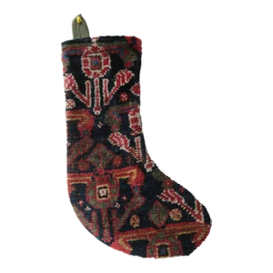 1910s Christmas Holiday Stocking Made From Antique Rug