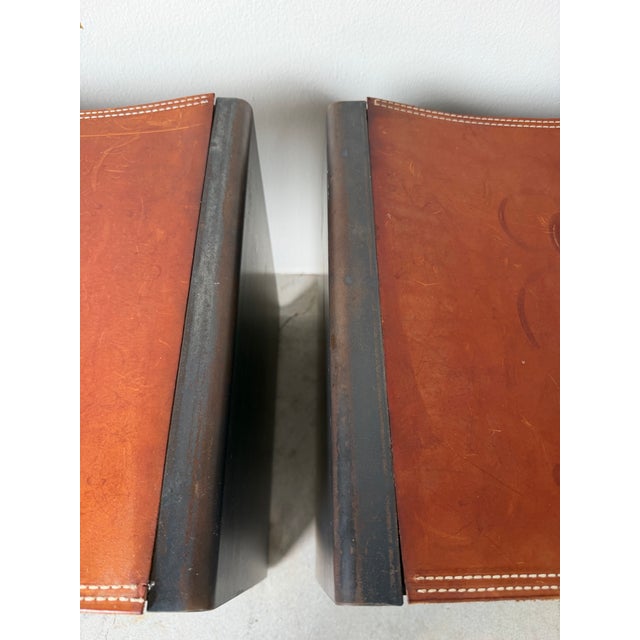 Brown Vintage Postmodern Steel & Saddle Leather Cube Ottomans – A Pair For Sale - Image 8 of 12