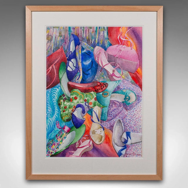 This is a vintage fashion watercolour 'Shoes & Scarves'. An English, framed painting, dating to the late 20th century,...