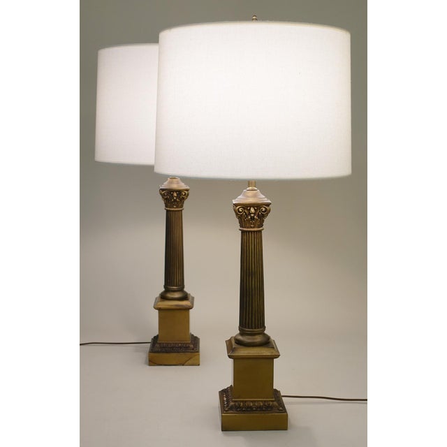 Hollywood Regency Large Pair Westwood Neoclassical Hollywood Regency Corinthan Column Bronzed Brass Table Lamps 1960's Tony Paul For Sale - Image 3 of 10