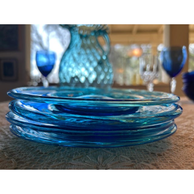 Aqua Set of 4 Hand Blown Aquamarine Salad or Dessert Plates French Glass Blower Made For Sale - Image 8 of 10