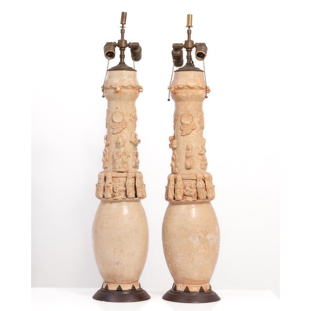 Wood Chinese Song Yuan Dynasty 13th 14th Century Qinghai Funerary Pottery Jars Mounted as Lamps a Pair For Sale - Image 7 of 18