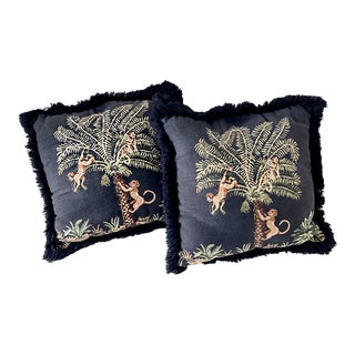 Vintage Chinoiserie Pillows Monkeys Climbing Palm Tree, Fringed, Black, a Pair For Sale
