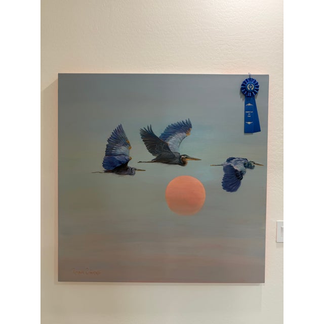 Large Contemporary Oil Painting Blue Herons Over Sunset For Sale - Image 10 of 14