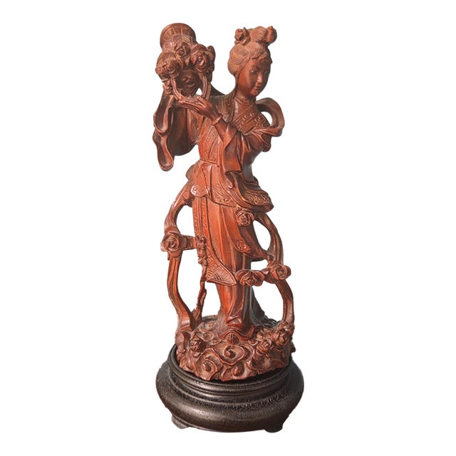 Chinese Carved Wood Celestial Maiden Statue For Sale