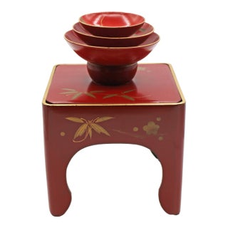 Vintage Japanese Red Lacquer Sakazuki Sake Set With Stand For Sale