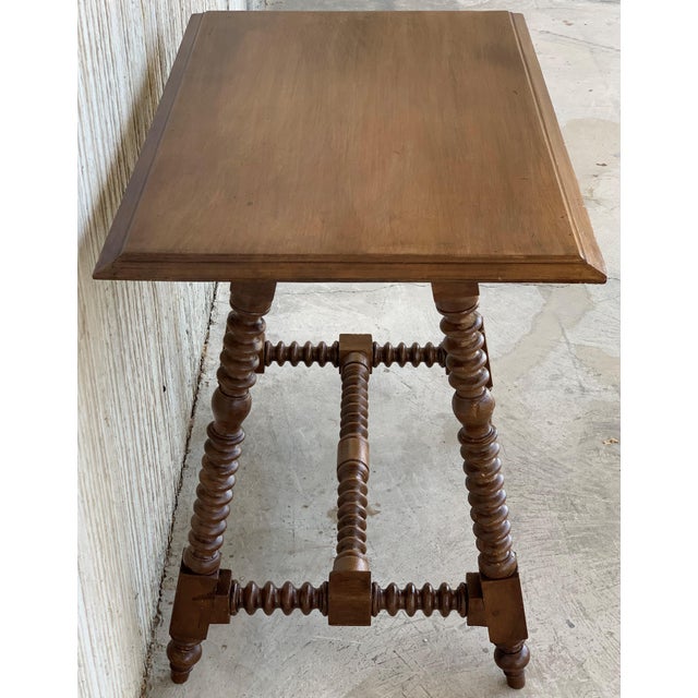 19th Spanish Baroque Side Table With Wood Stretcher and Carved Top in Walnut For Sale - Image 4 of 13