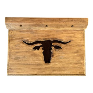 Vintage Signed Handcarved Wood Folk Art Longhorn Steer Decor With Inset Hair on Hide For Sale