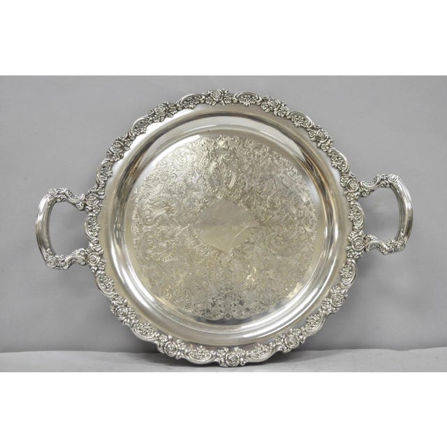 Victorian Vintage Oneida Victorian Round Silver Plated Serving Platter Tray W/ Handles For Sale - Image 3 of 14