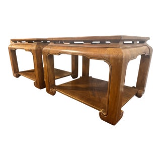 Mid 20th Century Chow Leg Ming Style Glass Panel Insert Side Tables Attributed to Schnadig Furniture For Sale