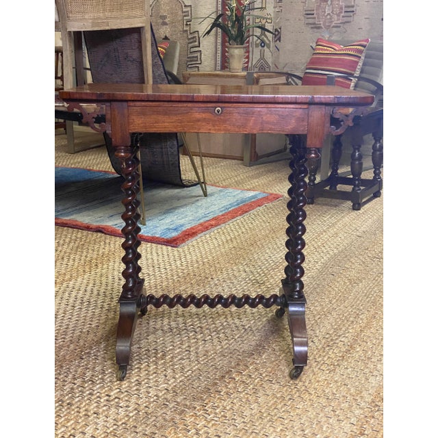 Antique Circa 1850 Rosewood English Barley Twist Stretchered Side Table with Drawer For Sale - Image 12 of 13
