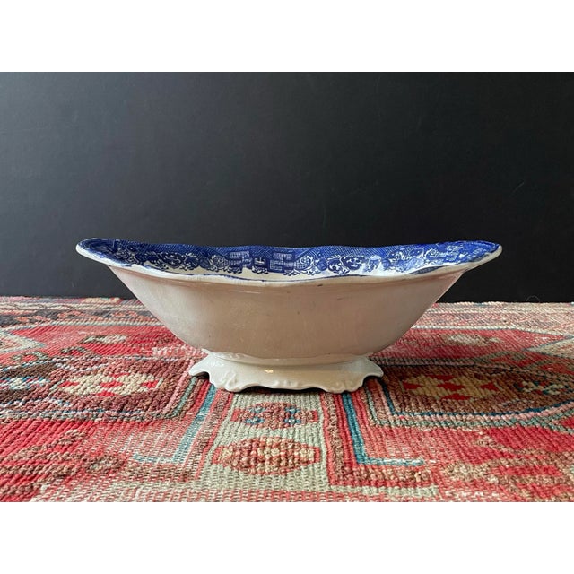 English Antique English Blue Willow Transferware Oval Footed Serving Dish For Sale - Image 3 of 9