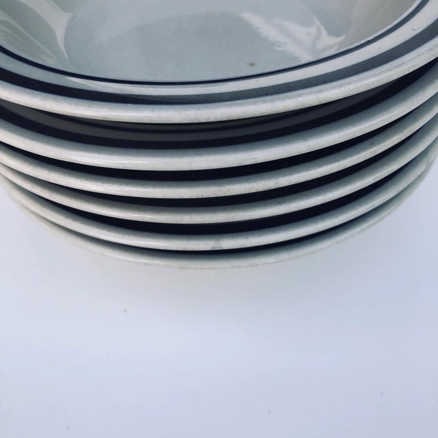Mid-Century Modern Vintage Newcor Stoneware Japan Blue Rimmed Cereal Bowls S/6 For Sale - Image 3 of 4