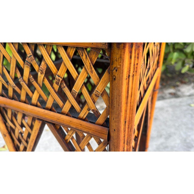 Wood Vintage 34” Burnt Split Bamboo & Woven Rattan Pedestal Plant Stand For Sale - Image 7 of 8