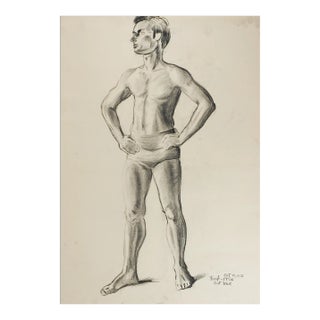 Vintage 1950 Charcoal Standing Male Figure Study Drawing For Sale