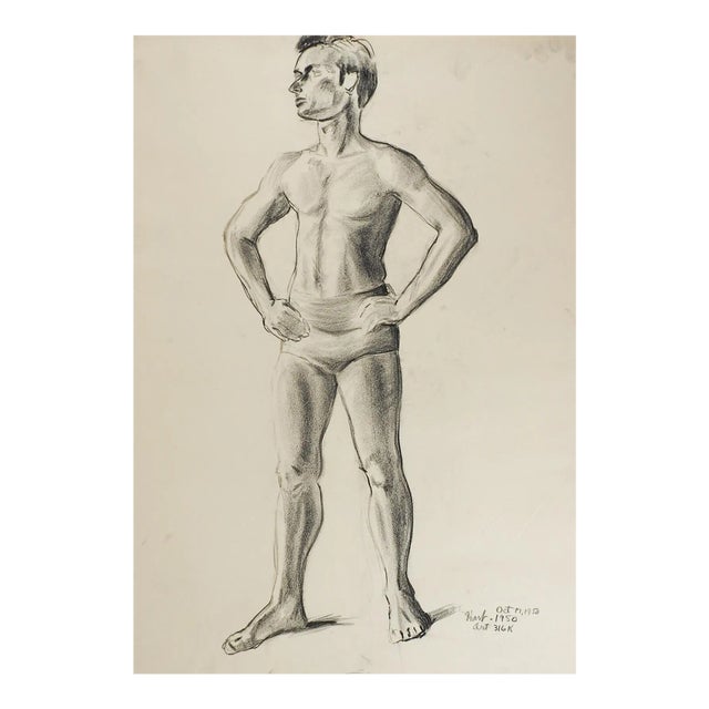 Vintage 1950 Charcoal Standing Male Figure Study Drawing For Sale