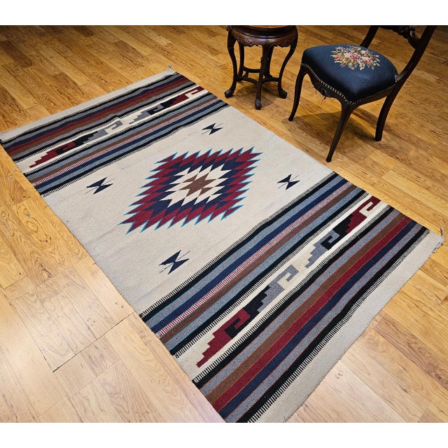Off-white Vintage American Southwestern Saltillo Kilim Rug, Medallion & Striped Pattern, Ivory & Red, 5x7 For Sale - Image 8 of 18