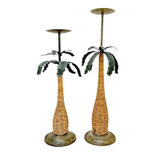 Palm Tree Floor Candle Holders With Woven Trunks - a Pair For Sale
