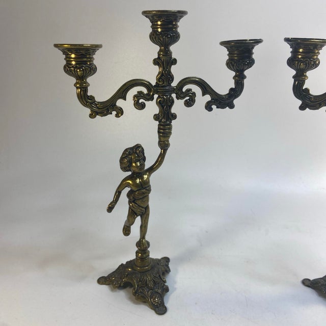 Baroque Vintage Pair Cherub Three Armed Candle Holder Cast Metal Italy Chateau Style For Sale - Image 3 of 11