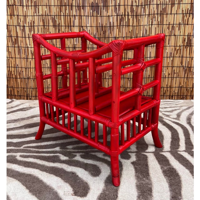 Vintage Hollywood Regency Newly Painted Red Bamboo Magazine Rack For Sale - Image 4 of 9