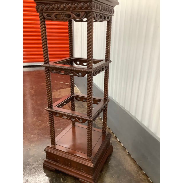 Late 18th Century Victorian Eastlake-Style Mahogany Three-Tier Plant Stand or E’tag’ere With Carved Details and Turned Spindles For Sale In New York - Image 6 of 6