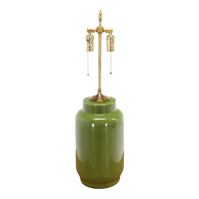 Green Vintage Mid Century Brass Glazed Pottery Ceramic Cylinder Base Table Lamp For Sale - Image 8 of 8