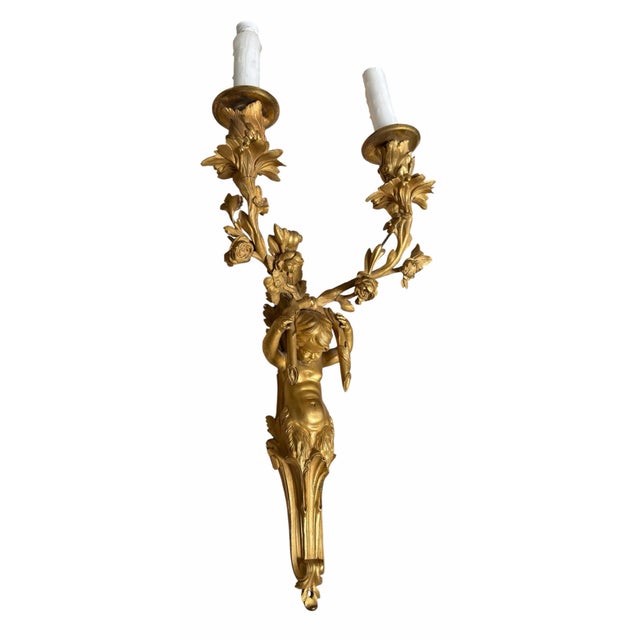 Pair of Antique 19c French Gilt Bronze Cherubic Light Sconces For Sale - Image 4 of 8