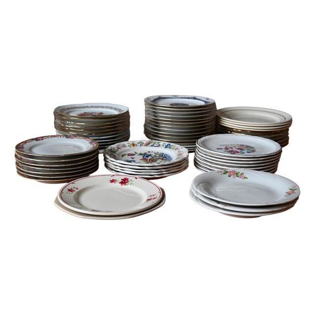 20th Century Porcelain Earthenware Dessert Plates with Various Decorations, 1950s, Set of 62 For Sale