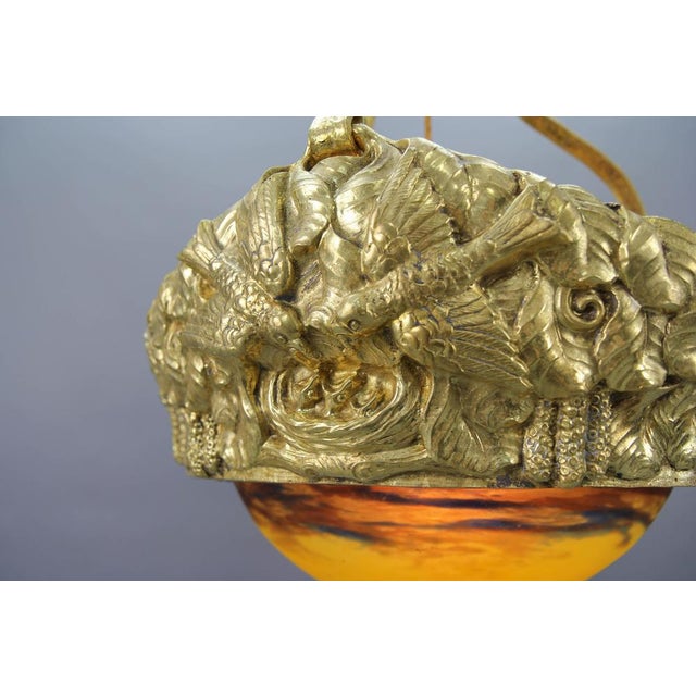 Blue Art Deco French Brass Chandelier with Yellow Pâte De Verre Glass by Degué, 1930s For Sale - Image 8 of 18