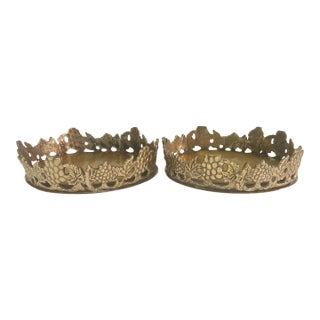 Vintage Cast Brass Grapevine Wine Bottle Coasters- A Pair For Sale