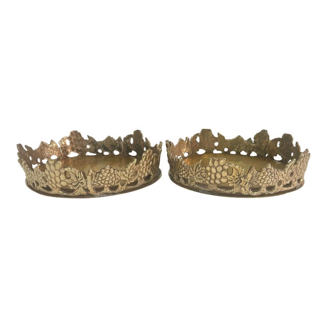 Vintage Cast Brass Grapevine Wine Bottle Coasters- A Pair For Sale