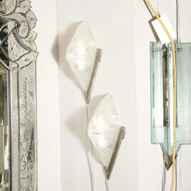 Metal Pair of Art Deco Frosted Glass & Silvered Bronze Slip Shade Sconces Signed Degué For Sale - Image 7 of 14