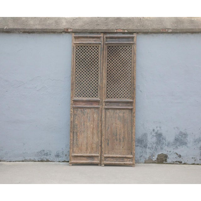Farmhouse Pair of Antique Chinese Pine Trellis-Top Wall Panels/Doors/Screen For Sale - Image 3 of 3