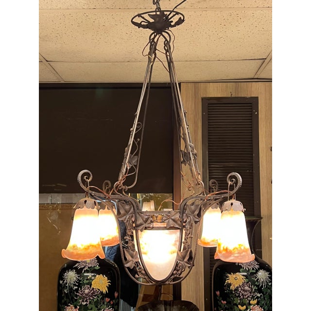 Muller Frères Art Deco Muller Frères Wrought Iron & Art Glass Chandelier For Sale - Image 4 of 12