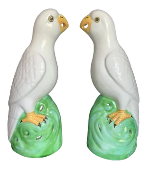 Vintage Italian Bassano Majolica Pottery Parrot Statues - a Pair
