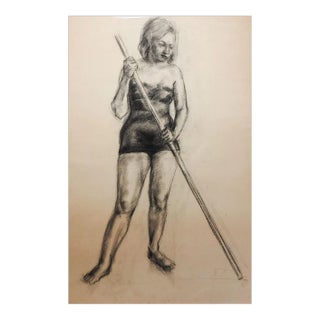Vintage 1950s Charcoal Female Figure Drawing For Sale