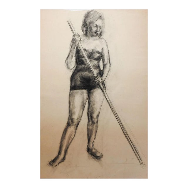 Vintage 1950s Charcoal Female Figure Drawing For Sale
