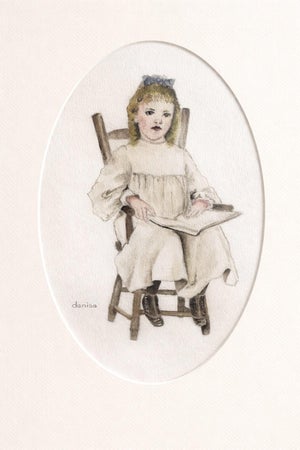 Vintage Original Painting Watercolor Art Victorian Seated Child, Signed Danisa