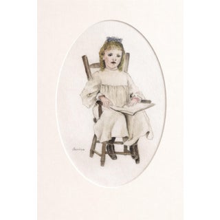 Vintage Watercolor Portrait of a Girl Reading – Signed Danisa, Matted For Sale