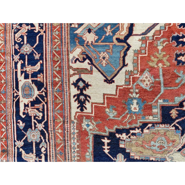 Antique Persian Serapi Carpet Handmade Oriental Rug Light Blue, Ivory, Rusty Red For Sale - Image 10 of 18