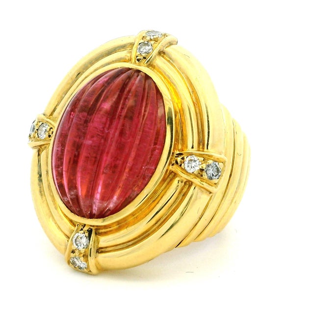 Vintage Italian 18k Gold Carved Rubellite Tourmaline Diamond Bombe Ring, Size 7 For Sale - Image 10 of 10