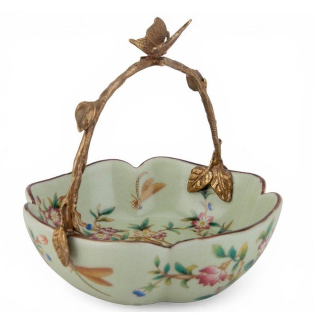 Ceramic Floral Vine Painted Porcelain Bowl With Bronze Ormolu Basket Handle For Sale - Image 7 of 11