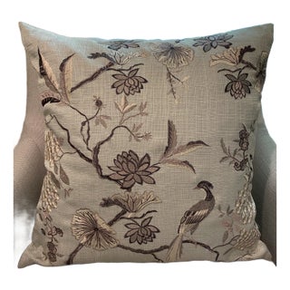 Blue Embroidered Bird and Vines Pillow For Sale